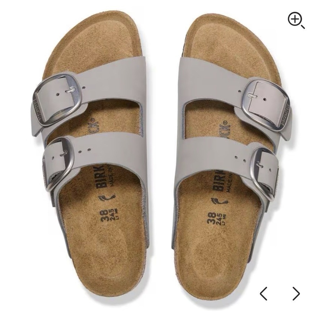 Birkenstock Arizona Big Silver Buckle Nubuck Leather Sandal Greige Stone Coin 38
